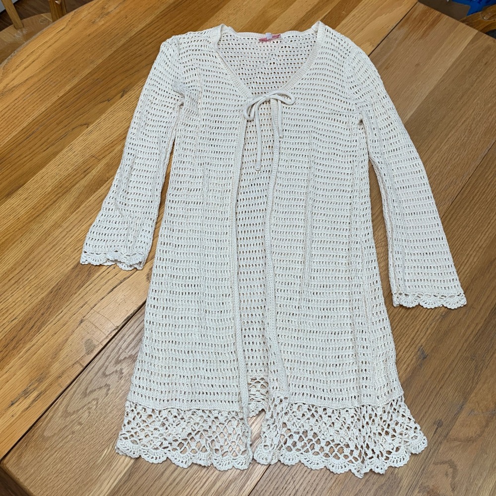 Pink Lily Womens Crochet Knit‎ Duster Cardigan Ivory Cream Tie Front JB-A7126 S